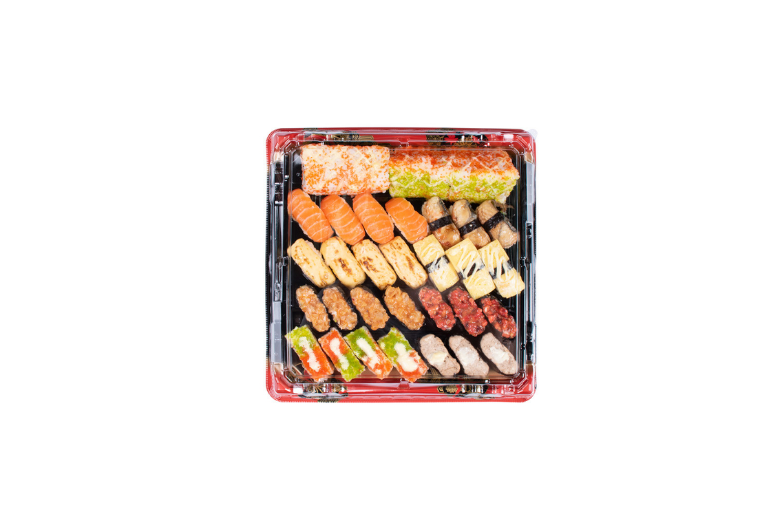 Schwarz-Rot Einweg-Sushi-Box mit transparenten Deckel