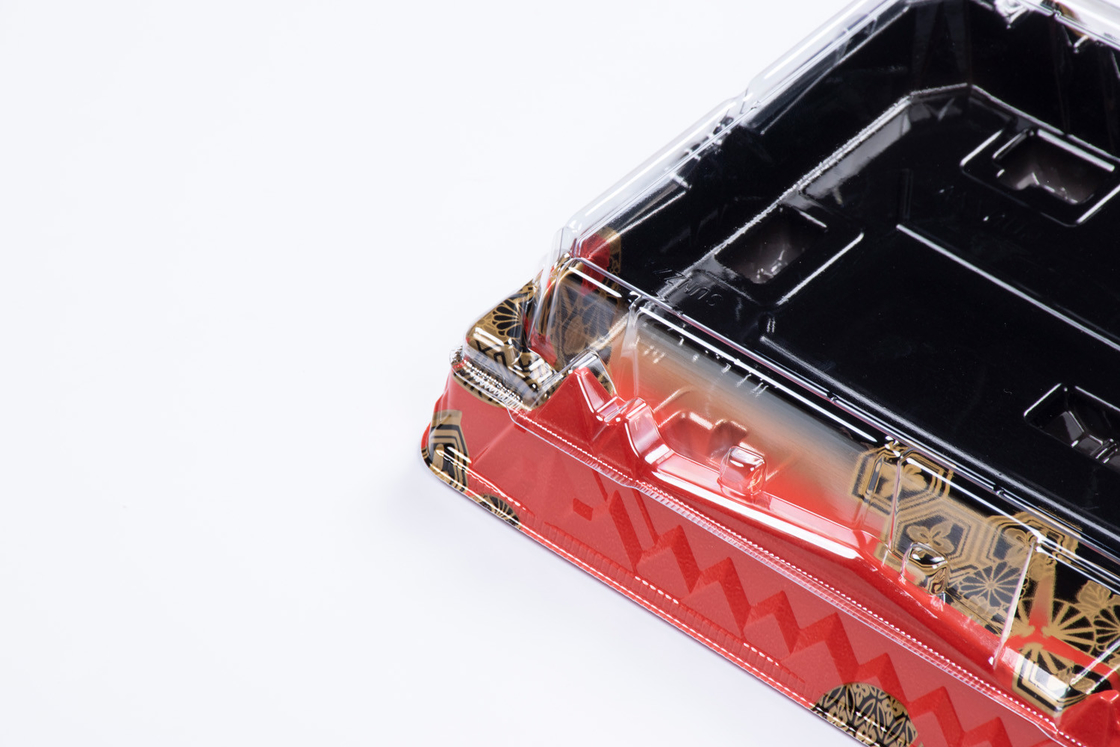 Schwarz-Rot Einweg-Sushi-Box mit transparenten Deckel