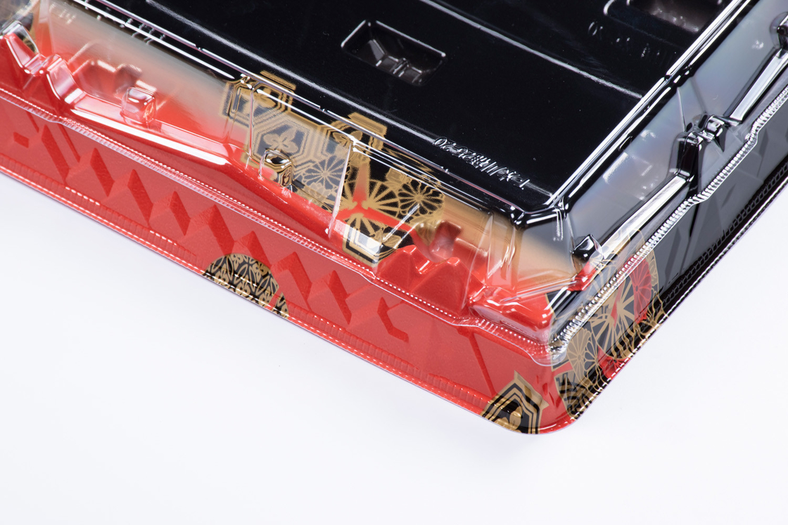 Schwarz-Rot Einweg-Sushi-Box mit transparenten Deckel
