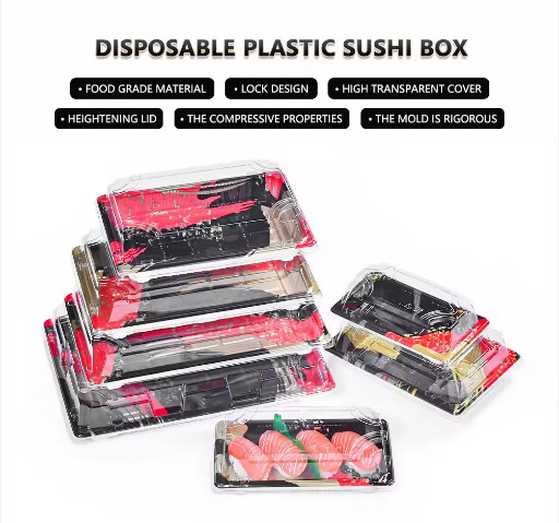Sushi-Takeaway-Container Plastik-Lebensmittelverpackungskisten Schalen mit Deckel Sushi-Container-Box