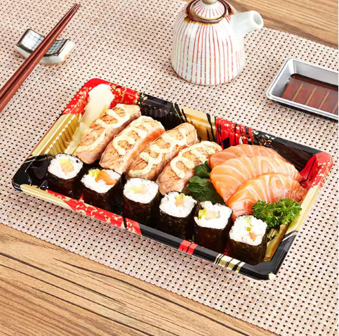Sushi-Takeaway-Container Plastik-Lebensmittelverpackungskisten Schalen mit Deckel Sushi-Container-Box