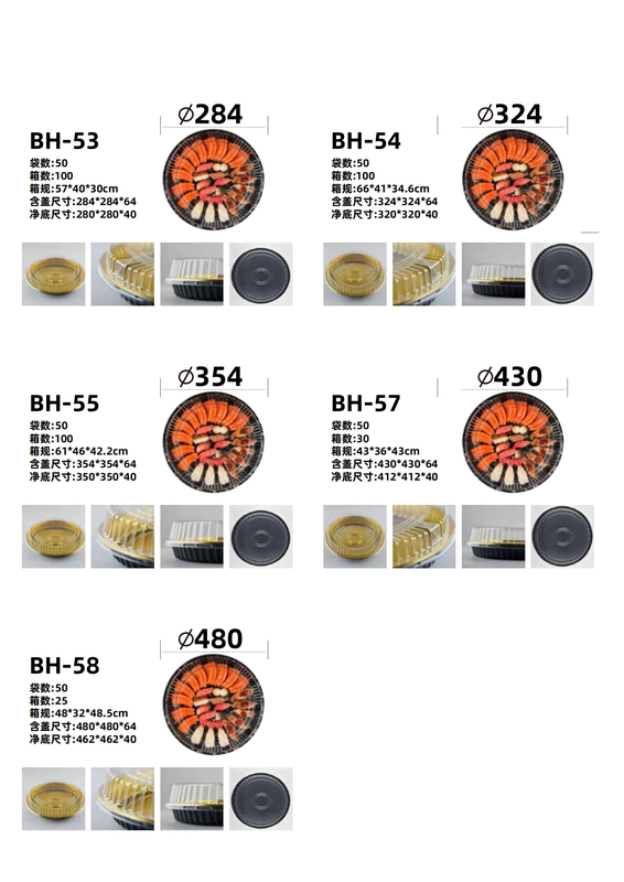 Runde Einwegverpackungen aus Kunststoff mit Sushi-Tellern mit Deckel