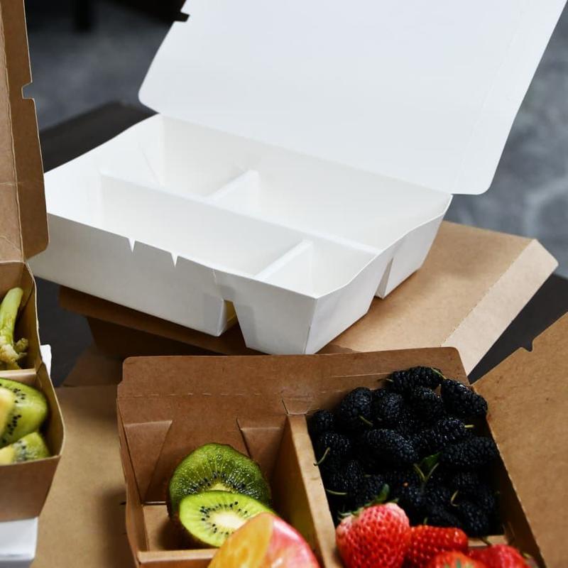 Beste und günstigste 4 Kompartiment Einwegkompartiment Mahlzeitvorbereitungsbehälter Mehrfachgitter Kraftpapier Lunchbox